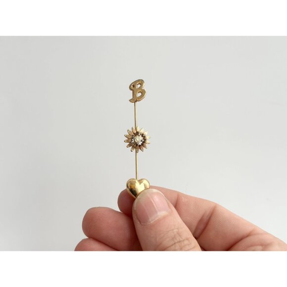 Letter "B" Monogrammed, Sunflower Shaped & Heart Shaped Vintage Gold T Stick Pin - Picture 10 of 10